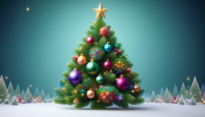 illustrated christmas tree with colorful ornaments and star topper