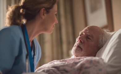 Fototapeta premium Compassionate nurse woman provides gentle care to elderly senior man patient lying in nursing home bed. Dedicated aged care employee day worker offers comfort and support