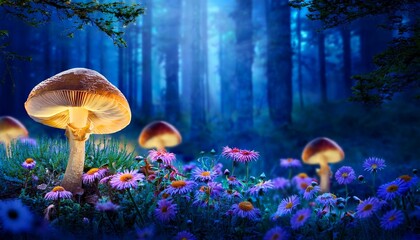 glowing mushrooms and wildflowers in a mystical forest during twilight
