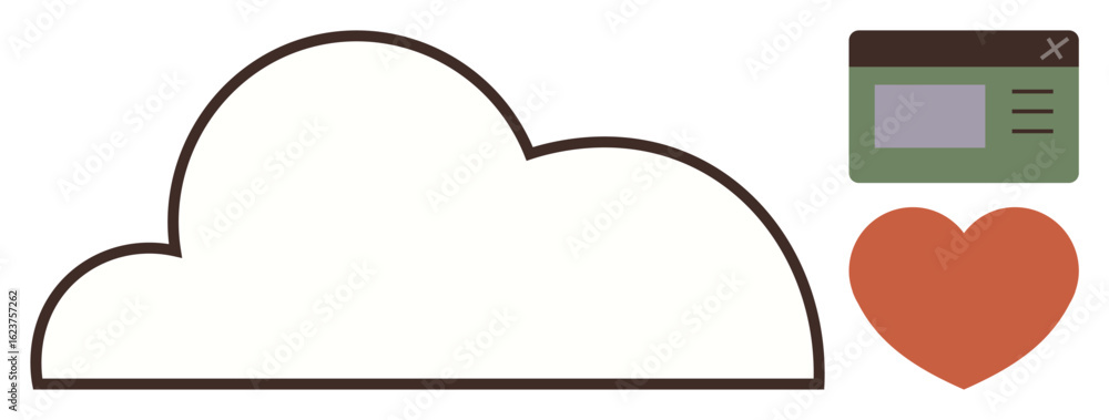 Poster cloud image next to a green browser window and red heart representing data sharing, digital tools, a