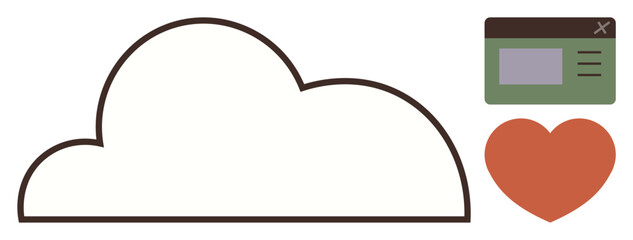 Cloud image next to a green browser window and red heart representing data sharing, digital tools, and human connection. Ideal for technology, cloud storage, web development, connectivity, emotion