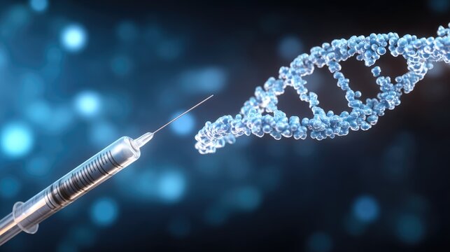A conceptual representation of biohacking featuring a syringe positioned near a double helix structure