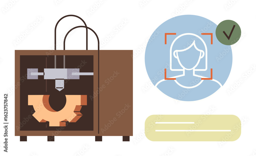Poster 3d printer creating a gear, scanned face with recognition accuracy check, and profile data. ideal fo