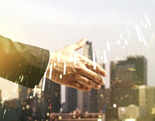 Business handshake over cityscape with financial data overlay