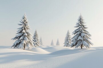 Fototapeta premium Snowy field, frosted pines, winter sunrise, calm landscape, holiday card