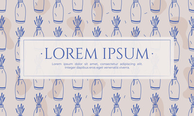 Seamless vector pattern with hand drawn lavender in vases. Repeating design in pastel tones with a central banner for text. Perfect for home decor, packaging, or elegant stationery projects.