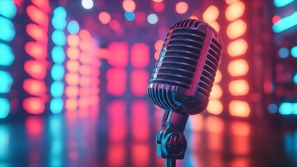 Retro Mic with Neon Stage, and Music.
