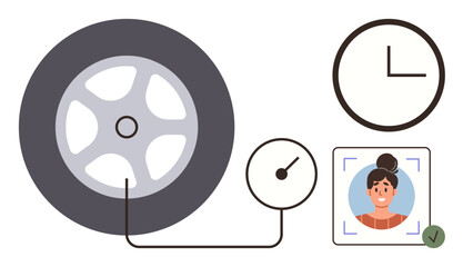 Vehicle tire connected to gauge, clock symbol, and face recognition icon. Ideal for automotive care, time management, surveillance, identity verification, efficiency smart tech safety concepts. A