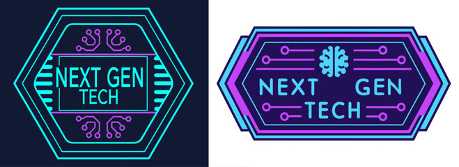 Futuristic neon tech badges labeled Next Gen Tech with glowing hexagonal circuit-inspired outlines for digital innovation, AI, and software branding