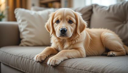 Cute Golden Retriever Puppy Lying on Couch, Adorable Pet Dog in Cozy Home Setting with Soft Lighting