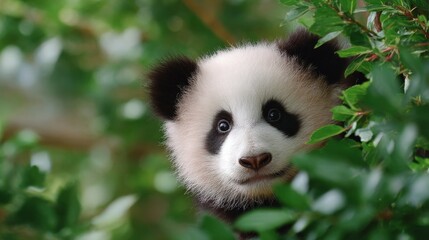 Naklejka premium A cute panda peeks through the lush green leaves. This charming wildlife image captures the playful essence of nature. Perfect for animal lovers and conservation enthusiasts. AI