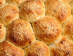 Traditional Iranian Barbari bread with golden crust topped with sesame seeds, freshly baked and arranged closely.
