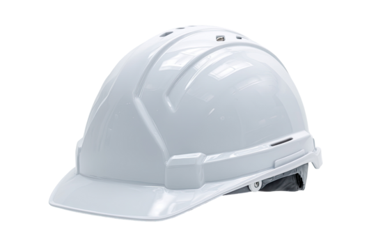 A pristine white safety helmet, angled slightly, features a smooth, glossy finish and structured design elements