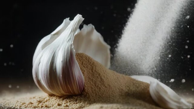 A single clove of garlic sprinkled with fine grain sand, ideal for use in cooking or as a decorative element