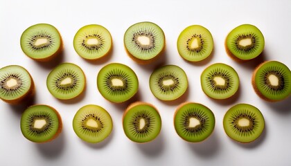 colorful slices of kiwi fruit arranged artfully on a clean white background for fresh and vibrant presentation
