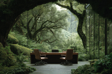 A nature scene with green trees as a background and office