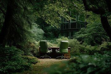 A nature scene with green trees as a background and office