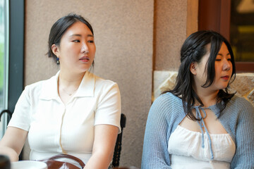 In a kalbi barbecue restaurant at a sunlit window table, two Korean women in their twenties in...
