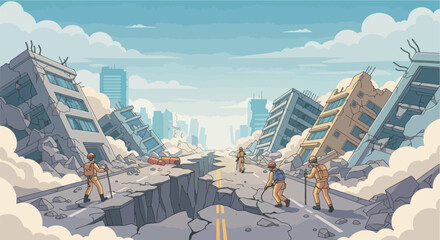 Post-apocalyptic scene after a devastating earthquake, collapsed buildings, cracked roads, dust in the air, rescue teams searching for survivors