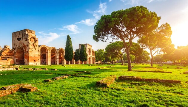 Ancient ruins bathed in golden sunlight