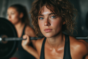 Two women doing squats with barbells