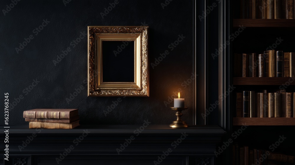 Poster an elegant bookshelf adorned with a golden frame and a candle. the dark, moody backdrop creates a so