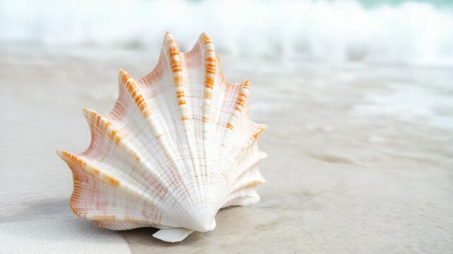 A single seashell lies on a sandy beach, near the ocean