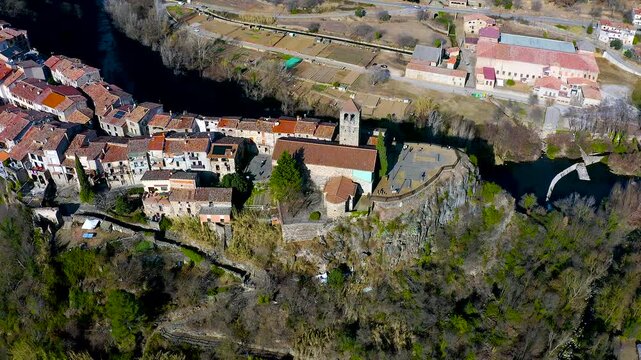 Aerial view of the ancient town Castelfollit de la Roca, Catalonia, Spain.