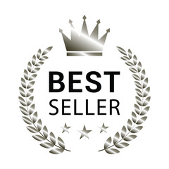 Best seller icon. Golden badge for best selling award 2025 with laurel wreath, crown and stars. Transparent PNG and vector illustration.	