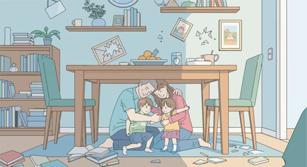 Family huddled together under a table as an earthquake hits their home, shelves falling, framed photos breaking