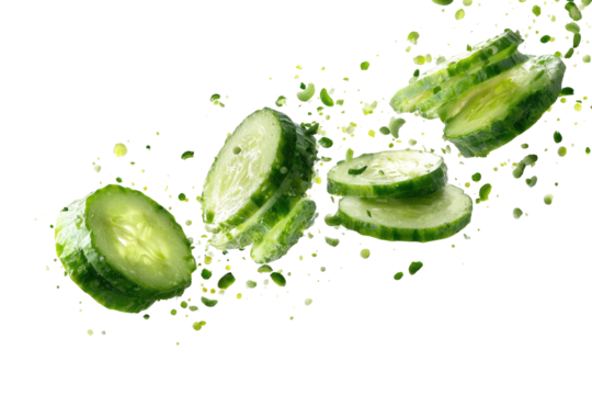 Sliced cucumbers in motion, against a black background.  Fresh, vibrant green cucumber slices are in mid-air, with a light, yellow-green spray or mist around them