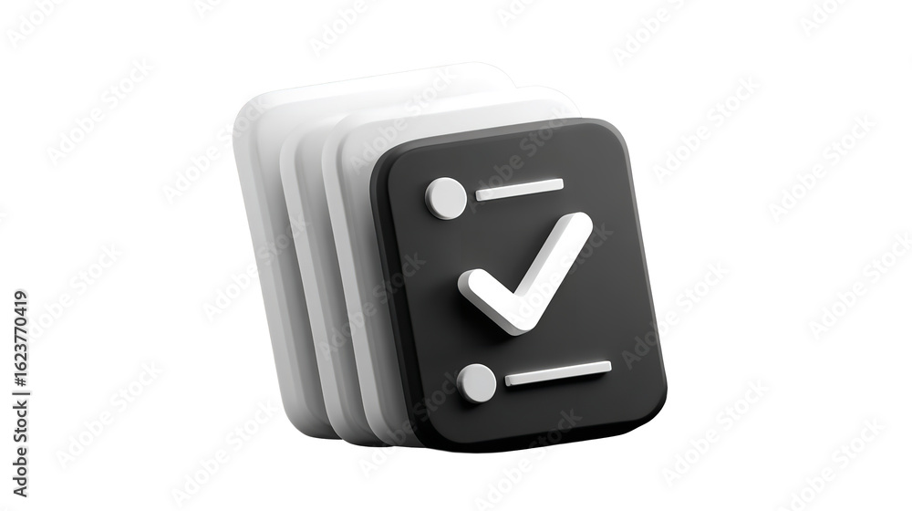 Poster finished task list icon, 3d rendered task completed on transparent background