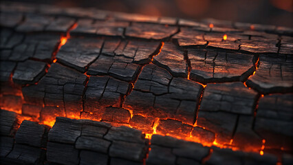 Glowing embers peek through charred wood, creating a captivating fire texture.
