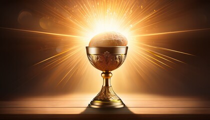 an elegant chalice with a brightly glowing eucharistic host hovering above illuminated by soft golden light with ethereal divine rays symbolizing the holy communion