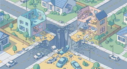 Bird’s-eye view of a massive earthquake fault line tearing through a suburban neighborhood, houses split in half, cars trapped in debris