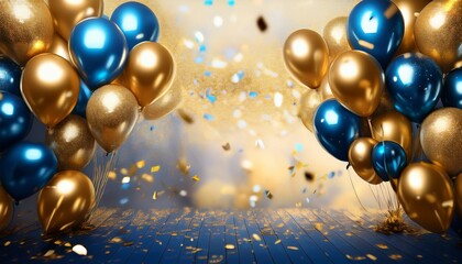 an array of gold and blue balloons creating a festive atmosphere with confetti
