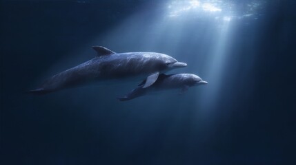 Fototapeta premium Two dolphins swimming gracefully in the deep blue ocean. Their joy is palpable as sunlight pierces through the water. Perfect for ocean lovers and marine wildlife enthusiasts. AI