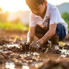Child playing in muddy field at sunset