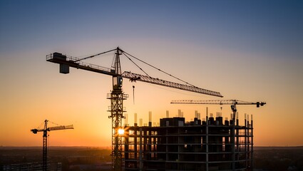 Construction site with steel framework and crane against sunset, symbolizing industrial progress and golden hour