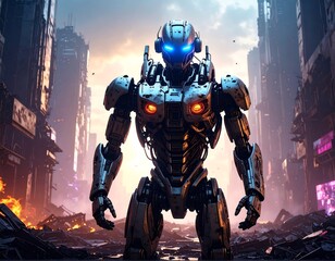Powerful robot in a ruined city