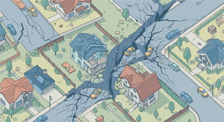 Bird’s-eye view of a massive earthquake fault line tearing through a suburban neighborhood, houses split in half, cars trapped in debris