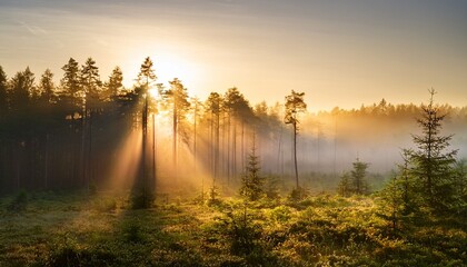 a tranquil scene of a misty forest at sunrise with beams of light filtering through the trees