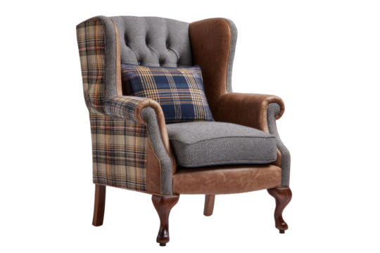 Wingback armchair with tweed & leather accents