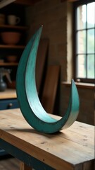 A crescentshaped wooden sculpture stands on a table by a window in a rustic room.
