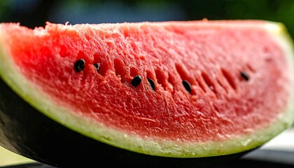 Juicy red slice of watermelon with black seeds and green rind, close-up on fresh textured surface—summery and vibrant.