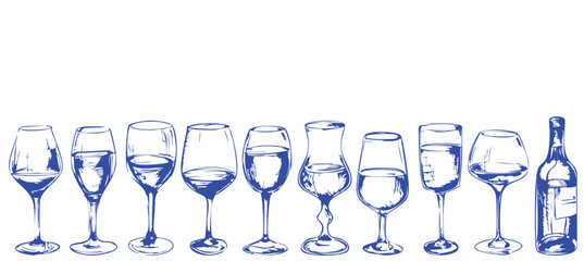 Hand Drawn Wine Glasses and Bottle Set. Vintage Blue Sketch