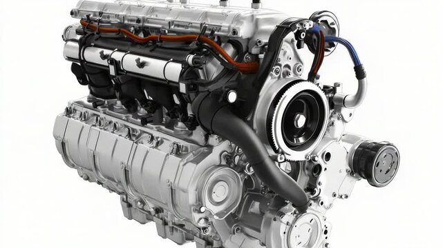 A close-up view of an engine on a white background