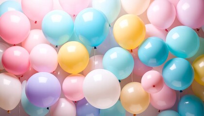 Cluster of vibrant balloons in assorted colors—pink, purple, blue, yellow, green, orange, white—densely packed and glossy, festive and cheerful mood.