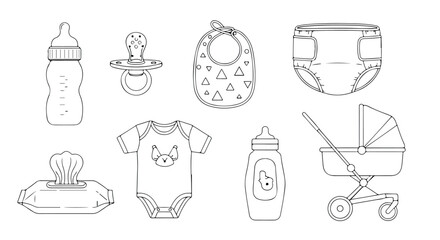 Fototapeta premium Collection of baby items including a pacifier, bib, onesie, and bottle, isolated on white background doodle style icon set