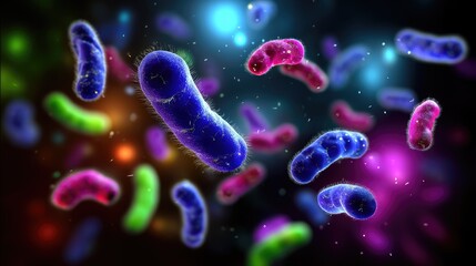 Obraz premium Probiotic bacteria structure: beneficial microbe, gut flora, lactic organism, healthy culture, rod shape, bacterial colony, microbiota system, bioactive cell, floating life, microscopic scene,